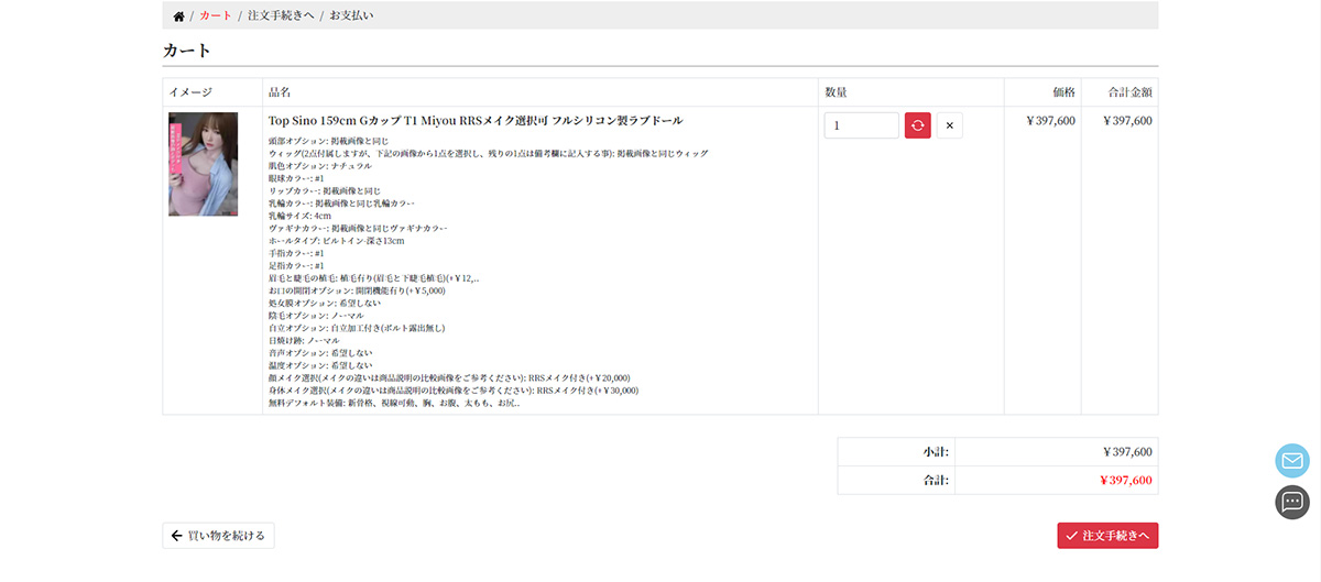 DACHIWIFE のカート画面。選んだオプションの一覧と合計金額